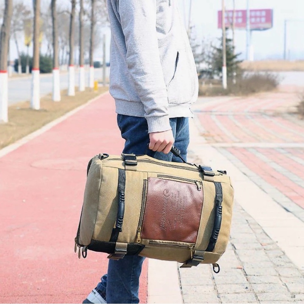 Vintage Large Canvas Travel Bucket Backpack Convertible Bag in a Khaki Color